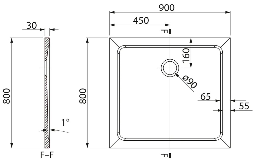 Aqualine Tecmi rechthoekige douchebak 90x80cm wit
