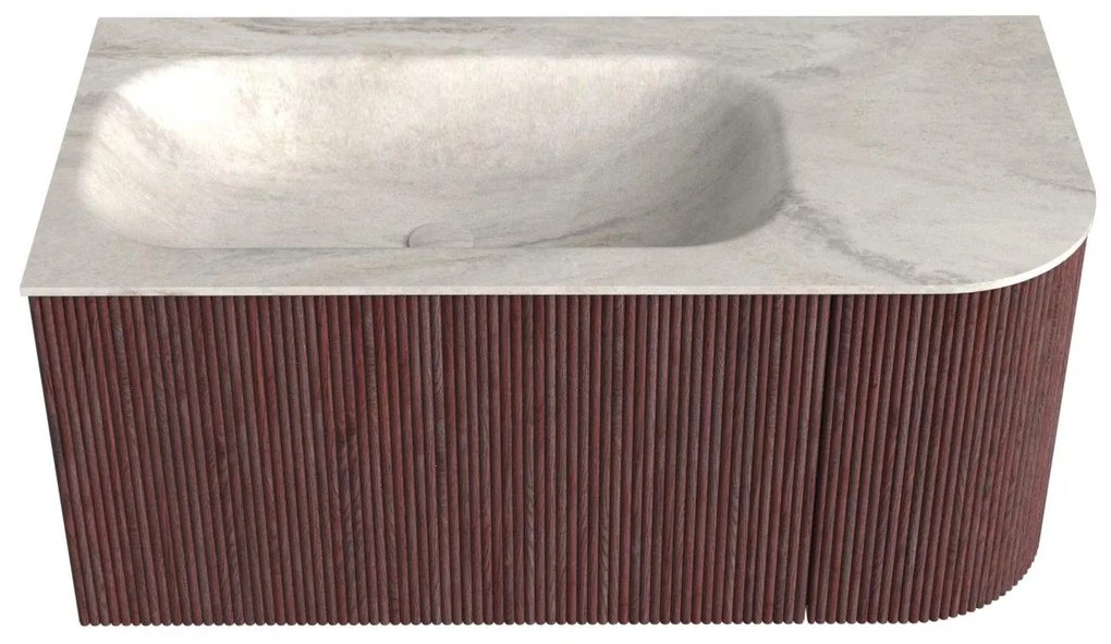 Mondiaz Kurve-dlux 95cm badmeubel ronding rechts ruby met 1 lade en deur en wastafel big small links zonder kraangat ostra
