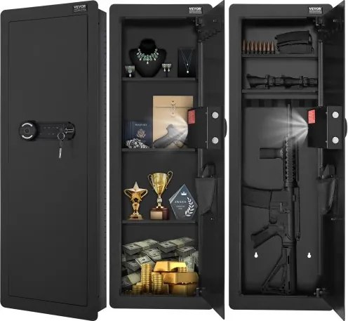 VEVOR Wapenkluis Muurkluis met 4 niveaus 3 verwijderbare planken 6 sleutelhouders LED-licht trilalarm, toetsenbord en vingerafdruk, voor lange geweren paspoorten sieraden contant geld documenten