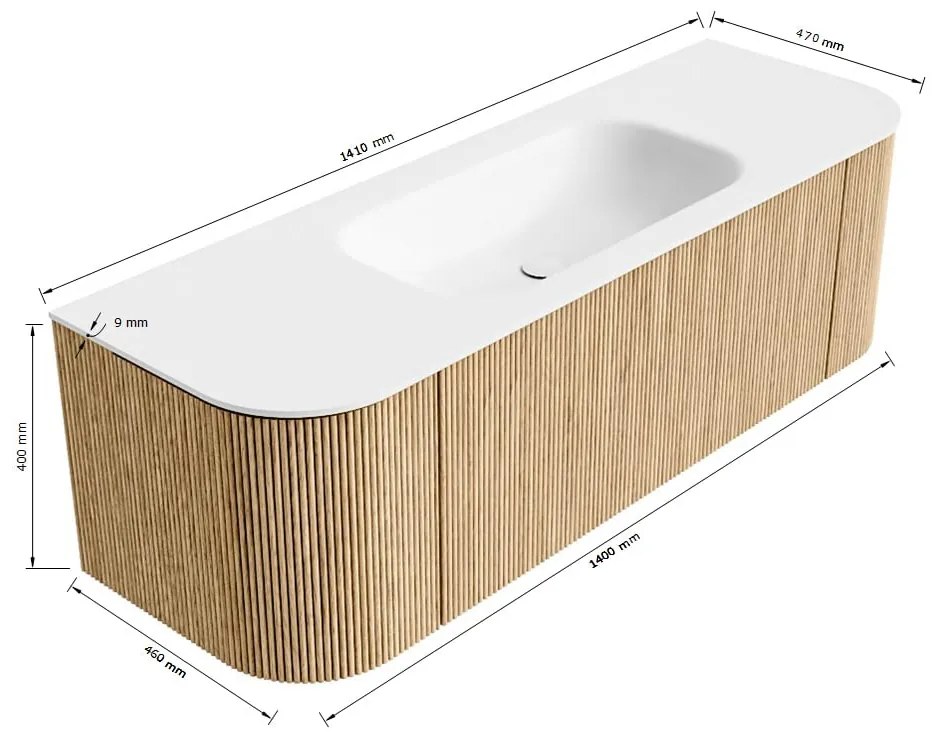 Mondiaz Kurve 140cm badmeubel ronding links/rechts oak met 1 lade en 2 deuren en wastafel big small midden zonder kraangat