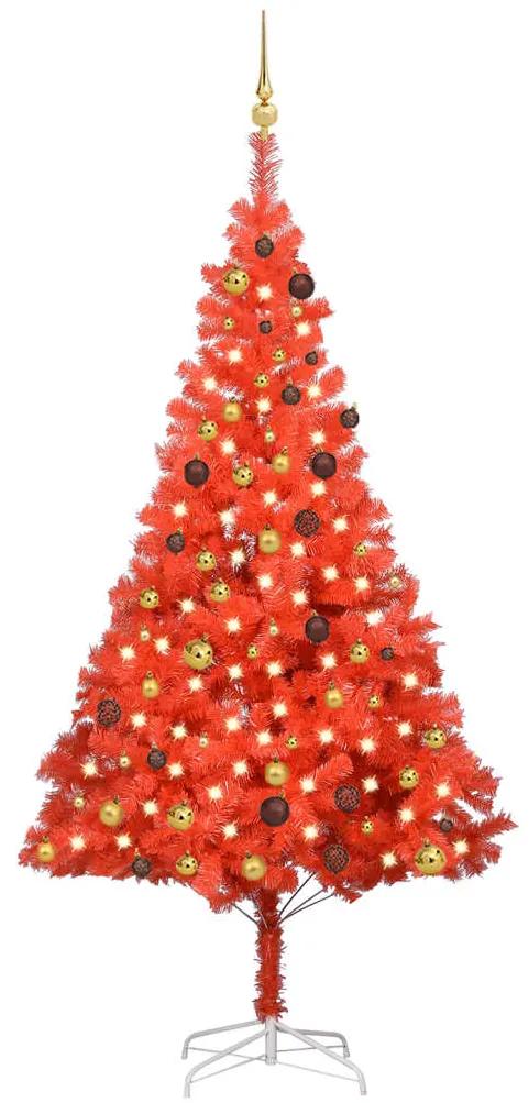 vidaXL Kunstkerstboom met LED's en kerstballenset 210 cm PVC rood