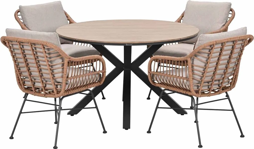 Garden Impressions Lucas tuinset bruin 5-delig - Tulli tuintafel light teak look Ø122 cm