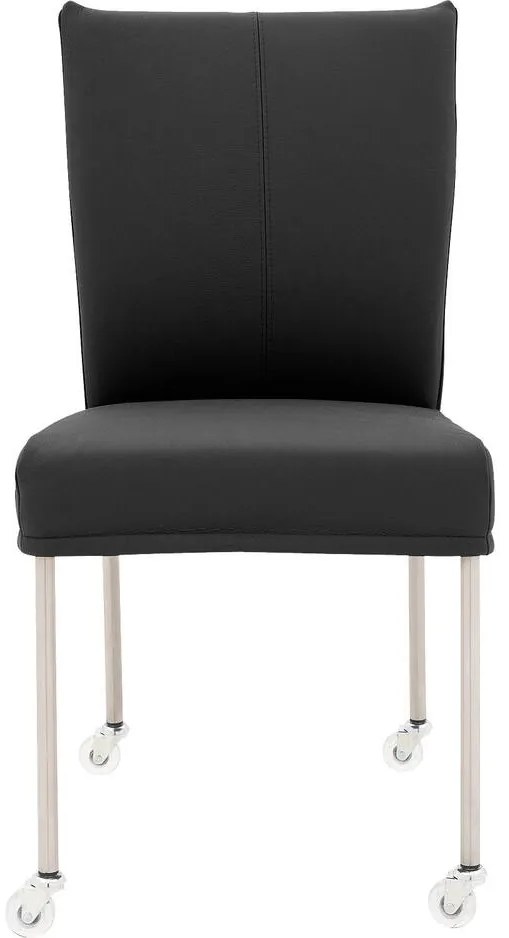 Goossens Eetkamerstoel Funk RVS Poten donkergrijs leer leuning en Transparant skater wiel met rvs kapmet wielen, modern design