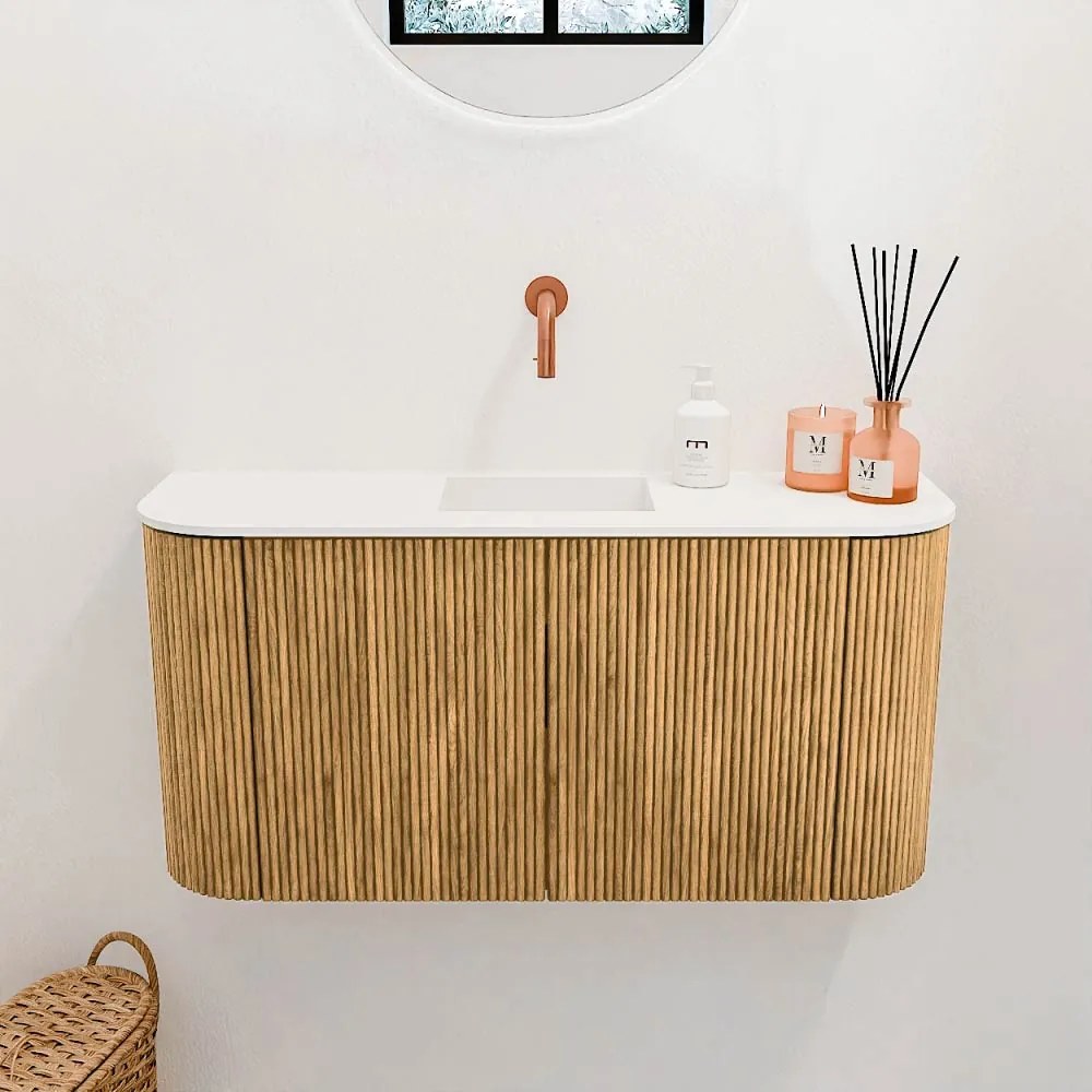 Mondiaz Joya 85cm toiletmeubel ronding links/rechts oak met wastafel faye midden zonder kraangat talc