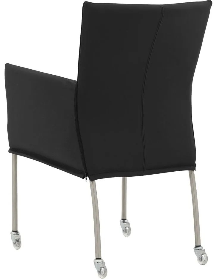 Goossens Eetkamerstoel Funk RVS Poten zwart leer met armleuning en Transparant skater wiel met rvs kapmet wielen, modern design