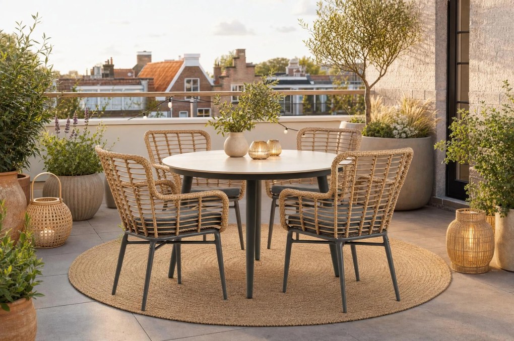 Tuinset Ronde Tuintafel 4 personen 120 cm Aluminium/wicker Taupe Lifestyle Garden Furniture Toledo/Vienna