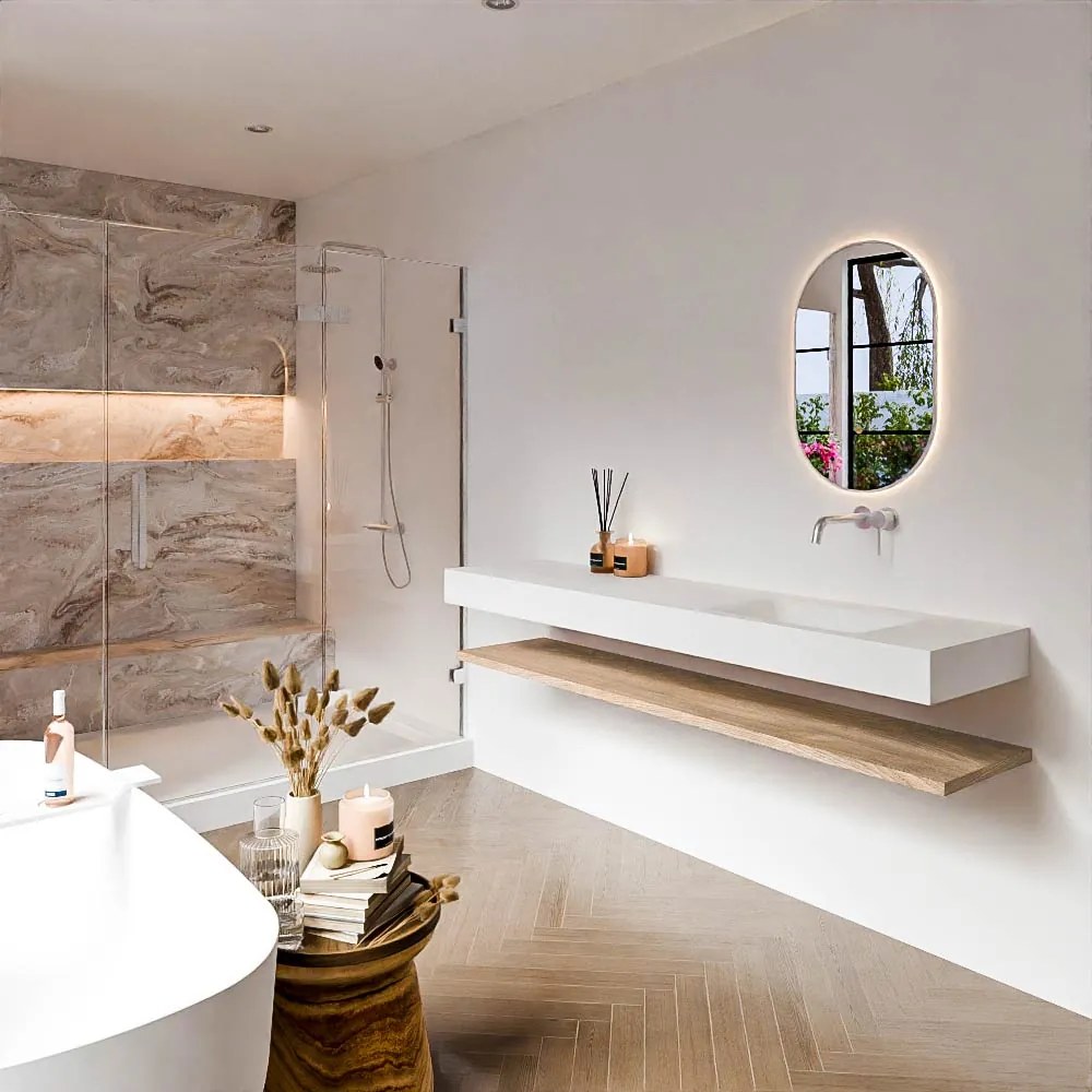 Zaro Alan badmeubel 190cm met planchet washed oak en vrijhangende wastafel cloud rechts zonder kraangat talc