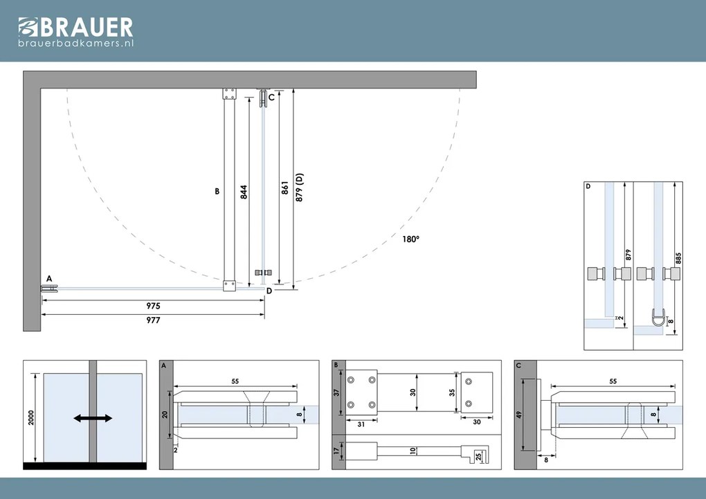 Brauer Void Carving profielloze douchecabine 90x100cm koper geborsteld PVD