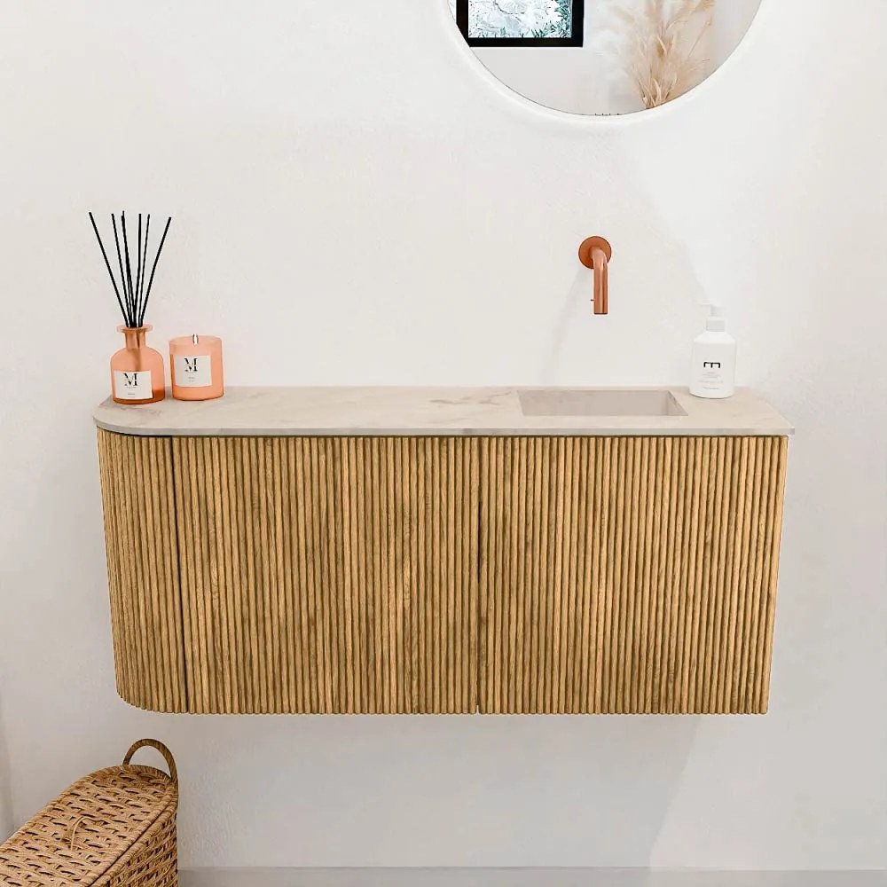 Mondiaz Joya DLux 90cm toiletmeubel ronding links oak met wastafel faye rechts zonder kraangat frappe