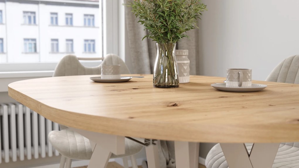 Mazzoni ALMO Artisan Eiken / kasjmier poten - OVALE UITSCHUIFTAFEL 120-220 cm VOOR 10-12 PERSONEN