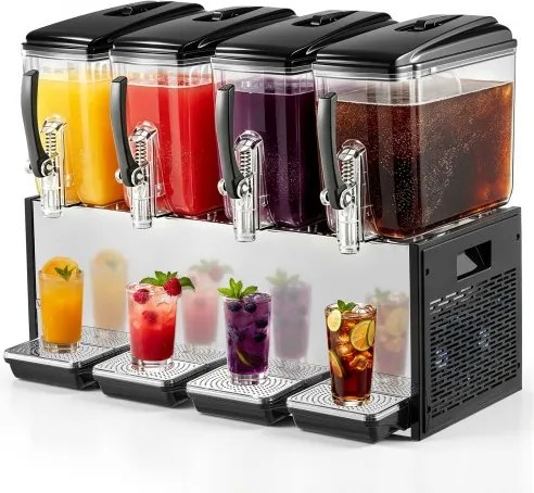 VEVOR elektrische drankdispenser 4 x 12 L 7-12 °C sapdispenser met PC-reservoir, voor restaurants, hotels, bars en kiosken, met roerstaaf voor gelijkmatig mengen, doseerhendel en lekbak