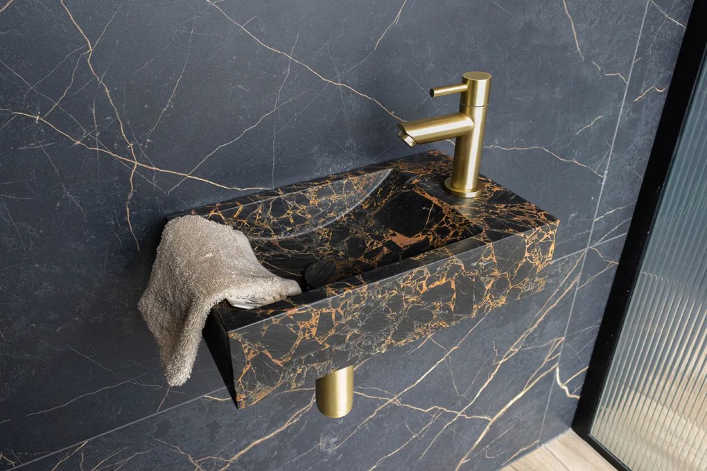 Saniclear Athens Portoro Gold fonteinset met rechte kraan in geborsteld messing