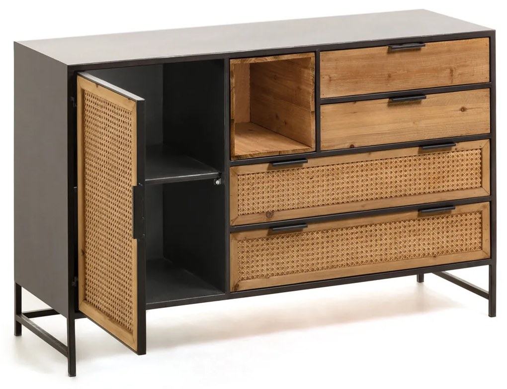 Kave Home Kyoko Rotan Webbing Dressoir Zwart Staal - 120x40x75cm.