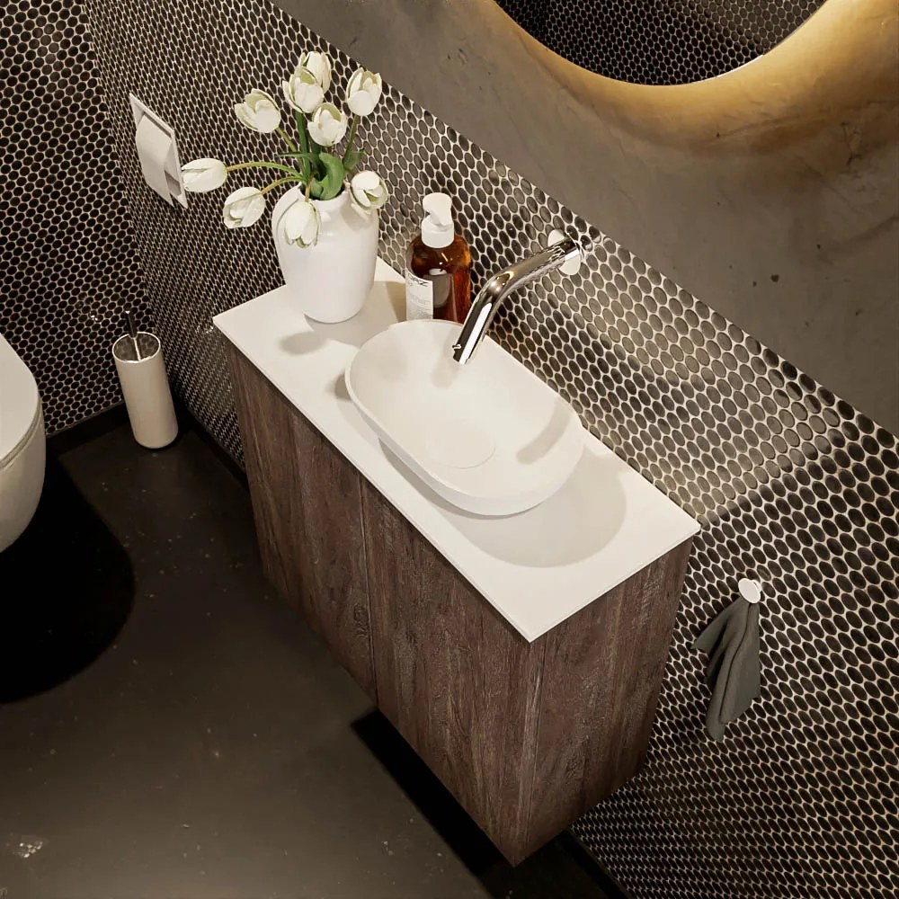 Mondiaz Fowy toiletmeubel 60cm dark brown met witte waskom rechts zonder kraangat