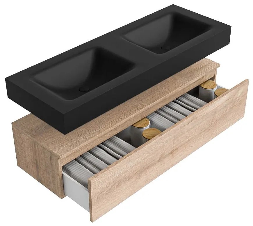 Zaro Alan badmeubel 130cm washed oak 1 lade met vrijhangende wastafel cloud dubbel zonder kraangat urban