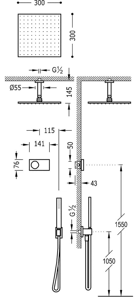 Tres Shower Technology elektronische inbouwthermostaat met regendouche 30x30cm met plafondarm en handdouche chroom