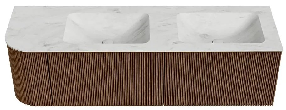 Mondiaz Kurve-dlux 155cm badmeubel ronding links walnut met 2 lades en 1 deur en wastafel leaf dubbel/rechts zonder kraangat opalo