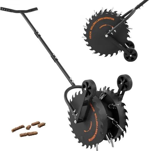 VEVOR Handmatige gazonbeluchter, gazonbeluchter met een werkdiepte van 5 cm, 2 rollen en 16 ijzeren pinnen, stalen gazonbeluchter, gazonroller voor verdichte grond, gazonverzorging voor tuin en erf, zwart