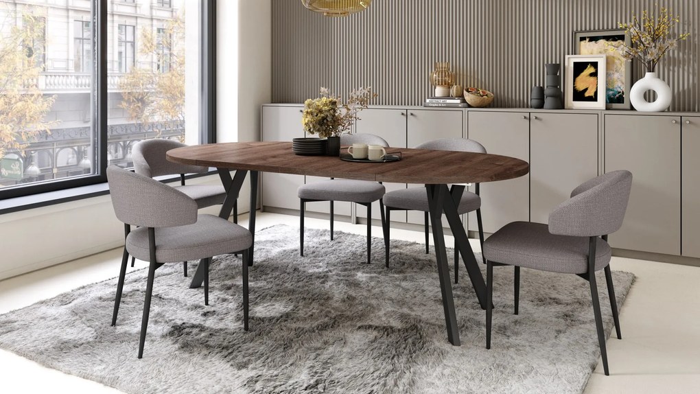 ALDO 100 Eiken Bruin/Zwarte poten - RONDE LOFT/INDUSTRIËLE TAFEL VOOR WOONKAMER/EETKAMER, UITSCHUIFBAAR