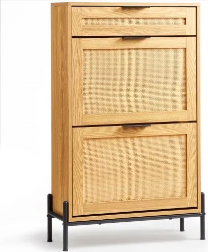 VEVOR Schoenenkast Schoenenkast van rotan met 2 opvouwbare lades en 1 uittrekbare lade, metalen poten, smalle schoenenkast Ideaal voor entree, hal, kast, hal, lichte houtkleur, schoenenkieper