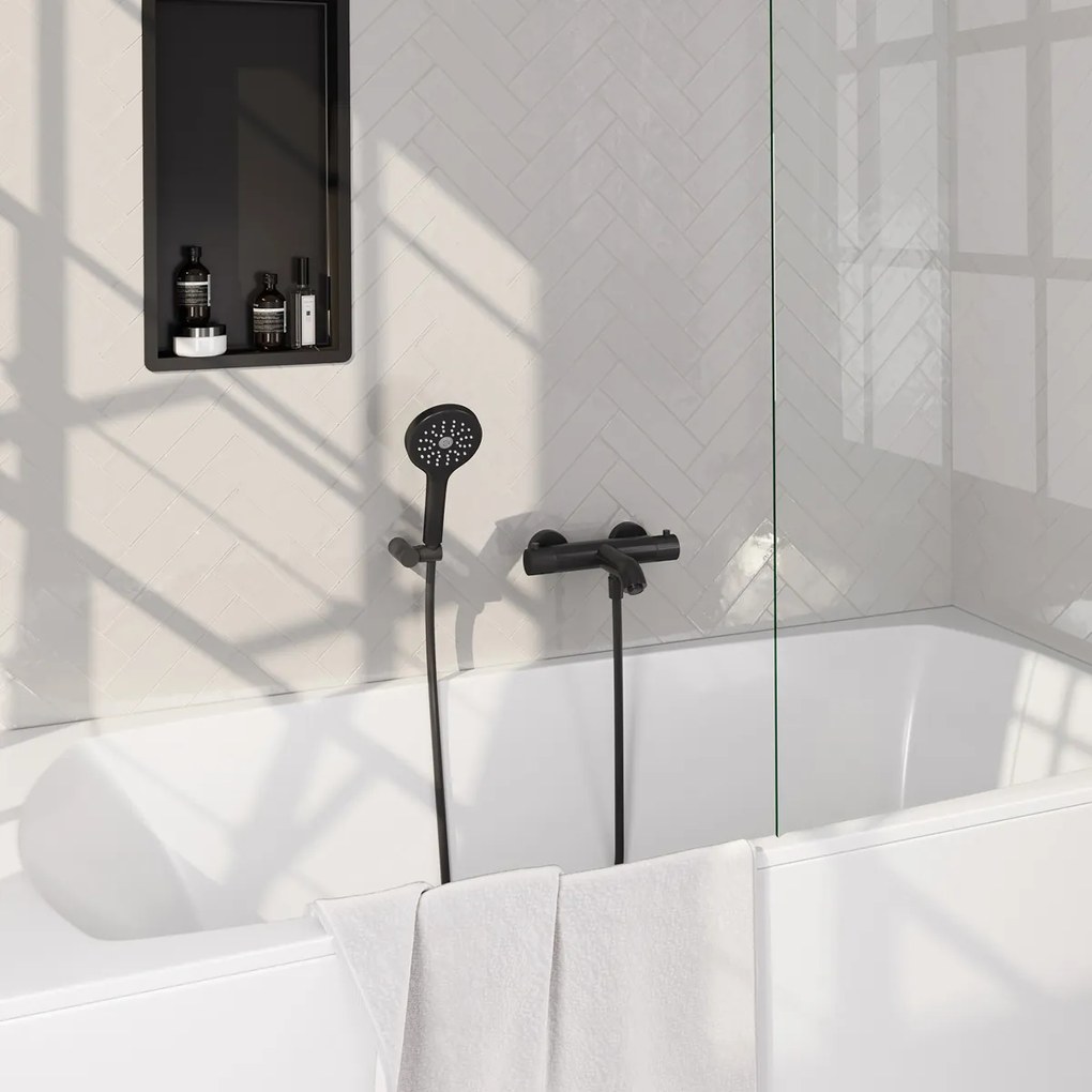 Brauer Stripe thermostatische badkraan met wandhouder en 3 standen handdouche zwart mat