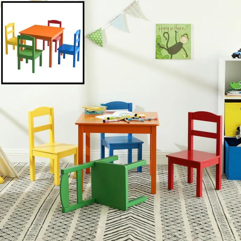 Kindertafel met stoeltjes van hout - 1 tafel en 4 stoelen voor kinderen - Rood, blauw, groen geel, oranje - Kleurtafel / speeltafel / knutseltafel / tekentafel / zitgroep set - ®