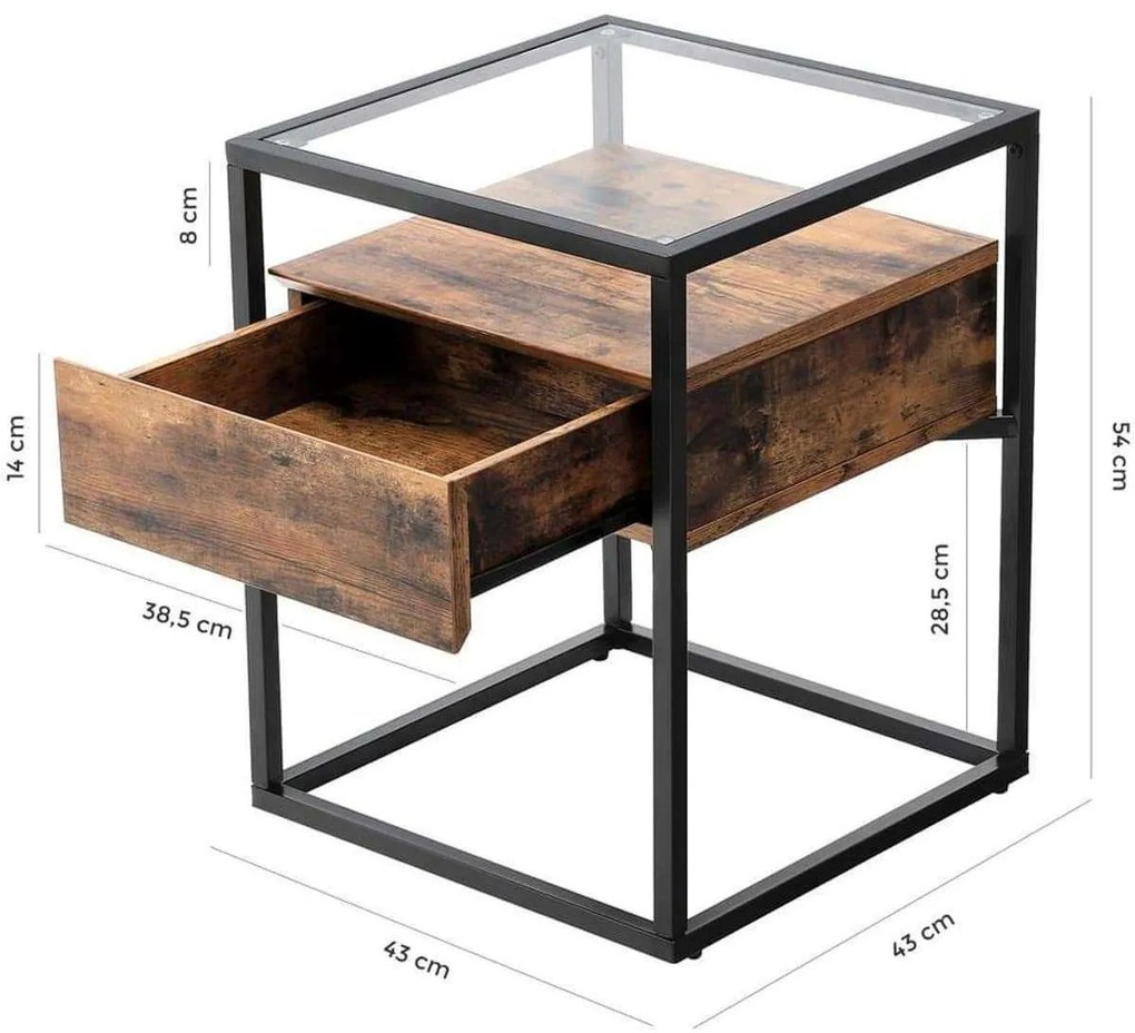Nancy's Pullman Bijzettafel Met Glasplaat - Nachtkastje met Lade - Nachtkastjes - Industrieel - 43 x 43 x 54 cm
