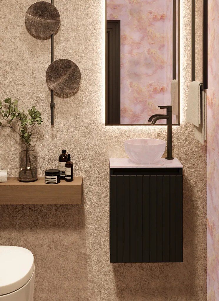 Fontana Pink Onyx Micro Marble toiletmeubel met ribbelfront 40cm zwart mat