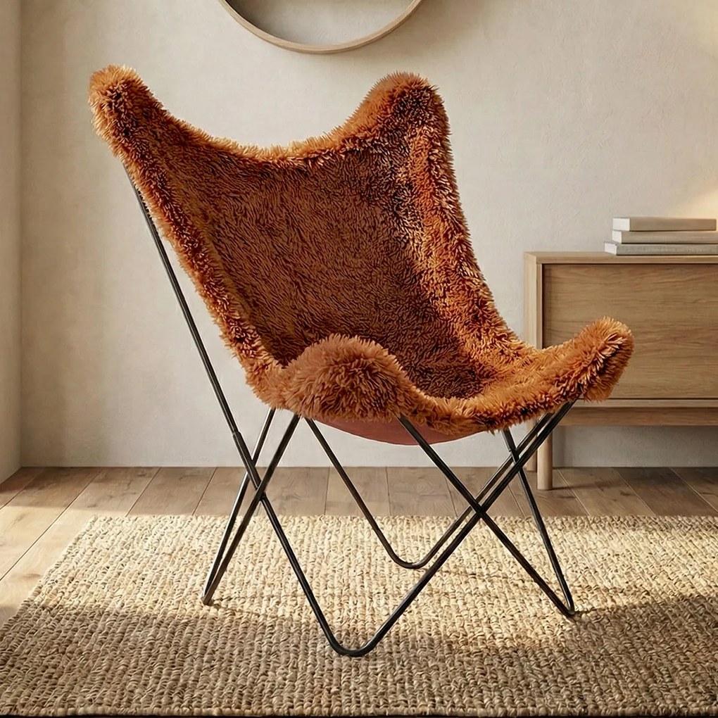 Vlinderfauteuil Bont Vacht Terracotta