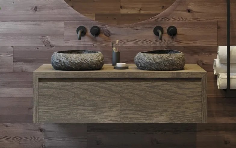 Gliss Design Ares badmeubel 120cm 2 lades castle brown met rivierstenen waskommen