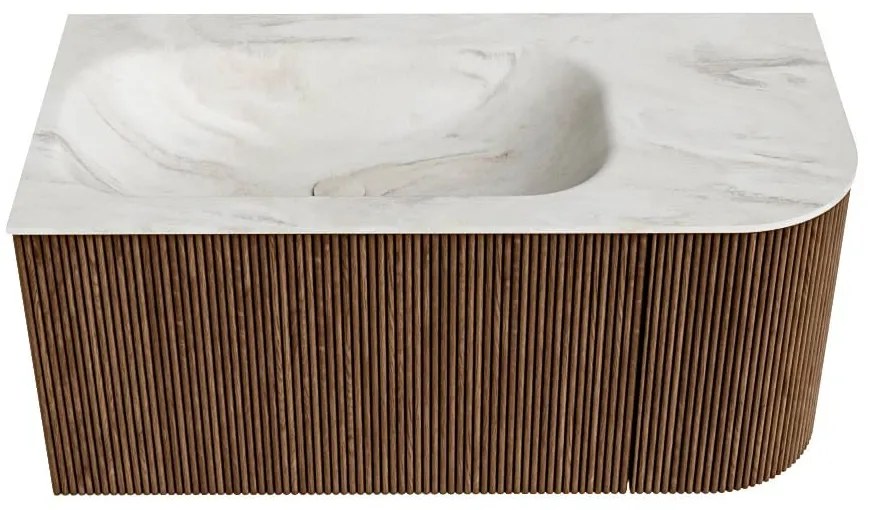 Mondiaz Kurve-dlux 95cm badmeubel ronding rechts walnut met 1 lade en deur en wastafel big small links zonder kraangat ostra