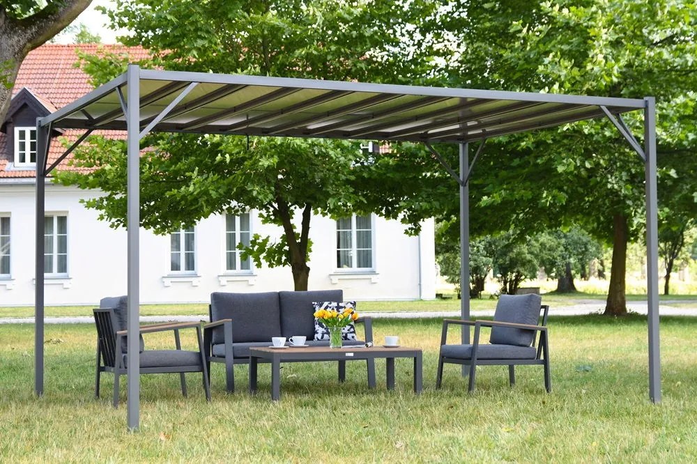 Antracietkleurige terraspergola Paros 3x4 m met muskietennet Garden Point