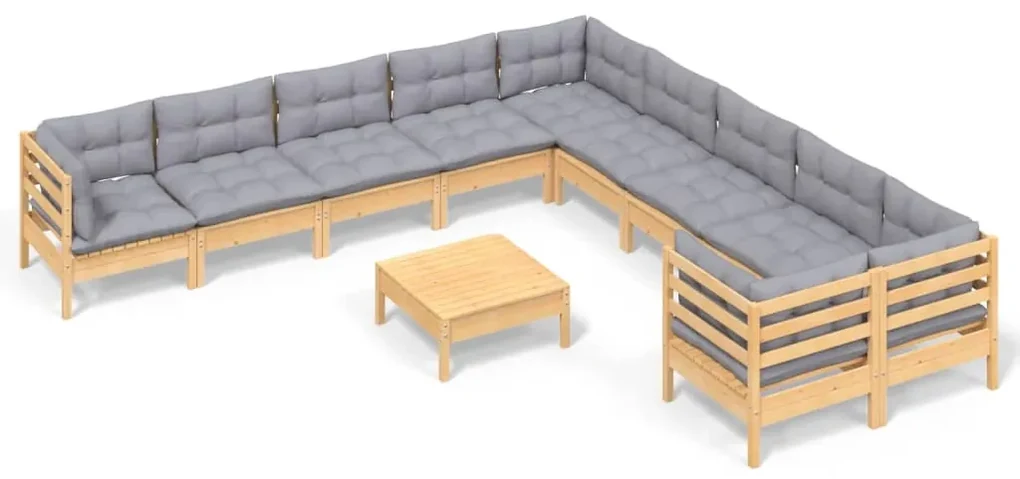 vidaXL 11-delige Loungeset met grijze kussens grenenhout