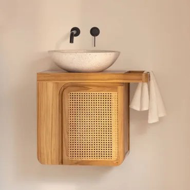 Georgy Zwevend Badkamermeubelset 60x40 Cm In Teakhout Teakhout & Rond Cement Wit Ø40 Cm Zavion & Spiegelloze & Matzwart Inbouwmodel Met Afvoerkraan Zo