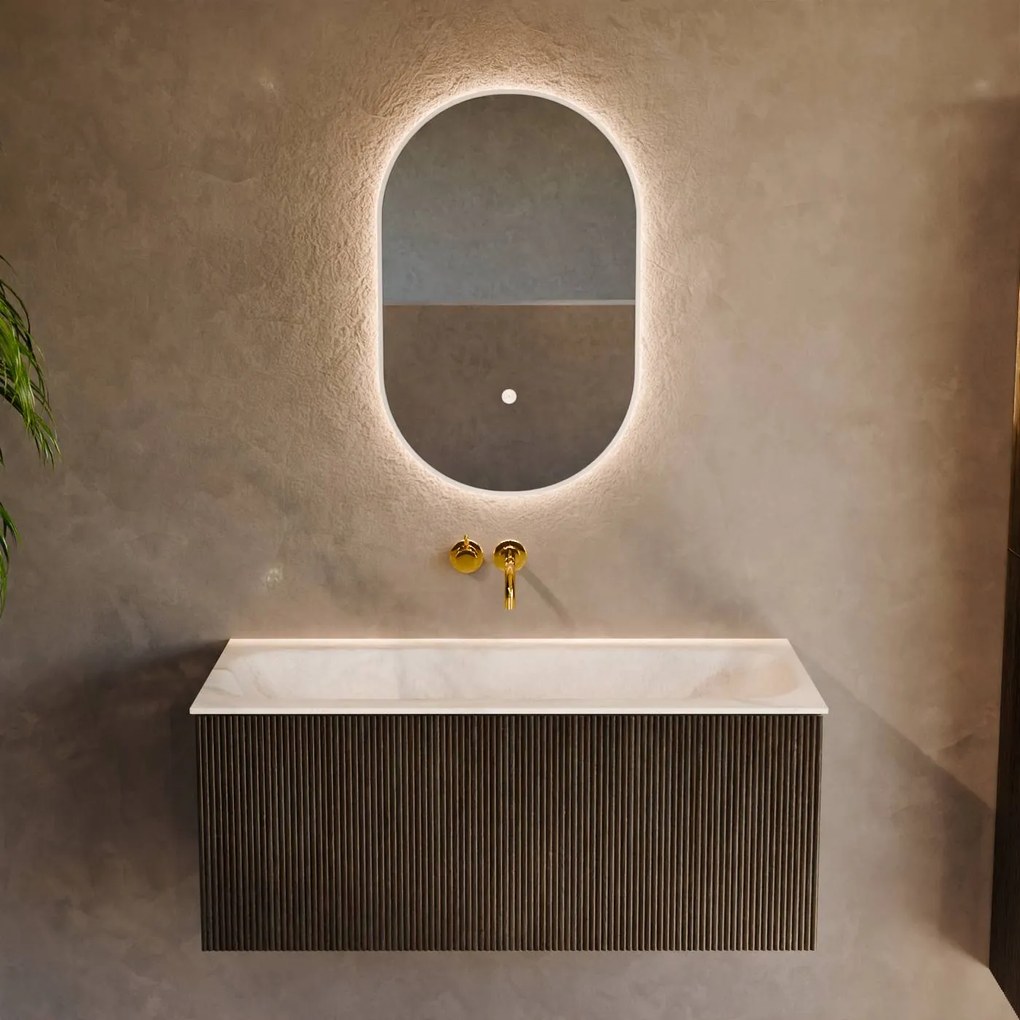 Mondiaz Kurve-dlux 100cm badmeubel shadow met 1 lade en wastafel big medium midden zonder kraangat ostra