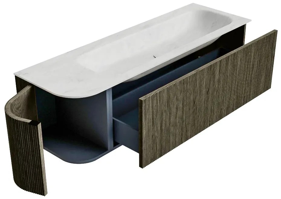 Mondiaz Kurve-dlux 145cm badmeubel ronding links shadow met 1 lade en deur en wastafel big large rechts zonder kraangat opalo