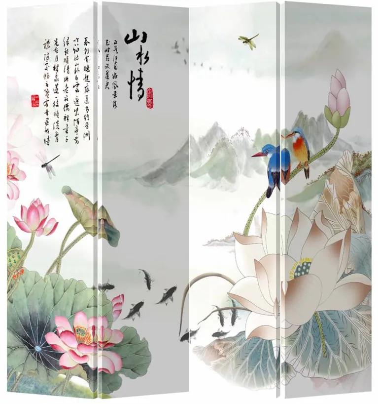 Fine Asianliving Chinees Kamerscherm Oosters Scheidingswand B160xH180cm 4 Panelen Lotus Vogels