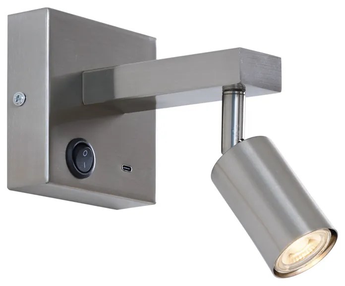 Moderne wandlamp staal met USB-C kantelbaar - Rex