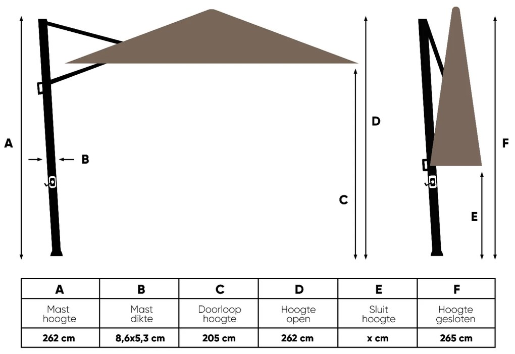 Platinum Challenger Zweefparasol T2 Premium Glow 3x3 m. - Havana Taupe met voet en hoes