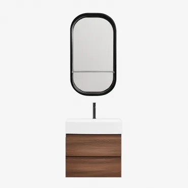 Badkamermeubelset Van Hout En Essenhoutfineer Met Geïntegreerde Wastafel Ona Donker Hout & Ovaal Met Plank Zwart 50x90 Cm Warien & Zwart - Sklum