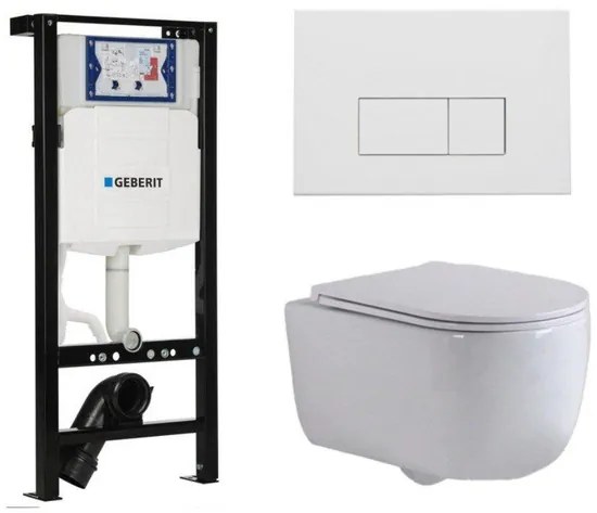 QeramiQ Dely Swirl Toiletset - 36.3x51.7cm - Inbouwreservoir met Geberit UP320 spoelmechanisme - slim zitting - mat witte metalen bedieningsplaat - rechthoekige knoppen - wit glans SW1381697/SW706191/SW1000766/SW1026256
