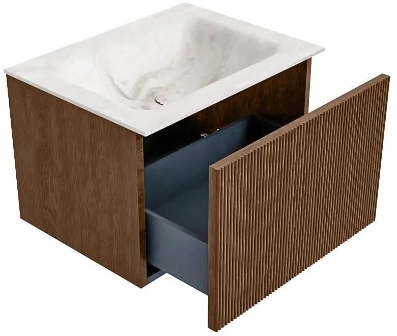 Mondiaz Kurve-dlux 60cm badmeubel walnut met 1 lade en wastafel cloud midden 1 kraangat frappe