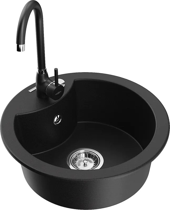 Mexen Diego granieten 1-komorige spoelbak met Telma keukenkraan, zwart - 6512-77-670200-70