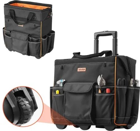 VEVOR Gereedschapstas met wielen, draagvermogen 50 kg, 25 zakken, werktas met verstelbare telescopische handgreep en stabiele basis, gereedschapstasorganizer voor elektriciens, bouw, 460 x 270 x 430 mm