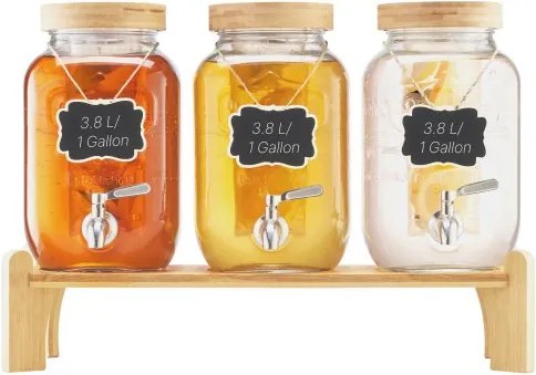 VEVOR Drankdispenser (3 x 3,8 L) voor Feesten Sapdispenser (gemaakt van glas) met druppelvrije kraan en houten standaard Waterdispenser voor restaurants, feesten, limonade, ijsthee, zelfgemaakte drankdispenser