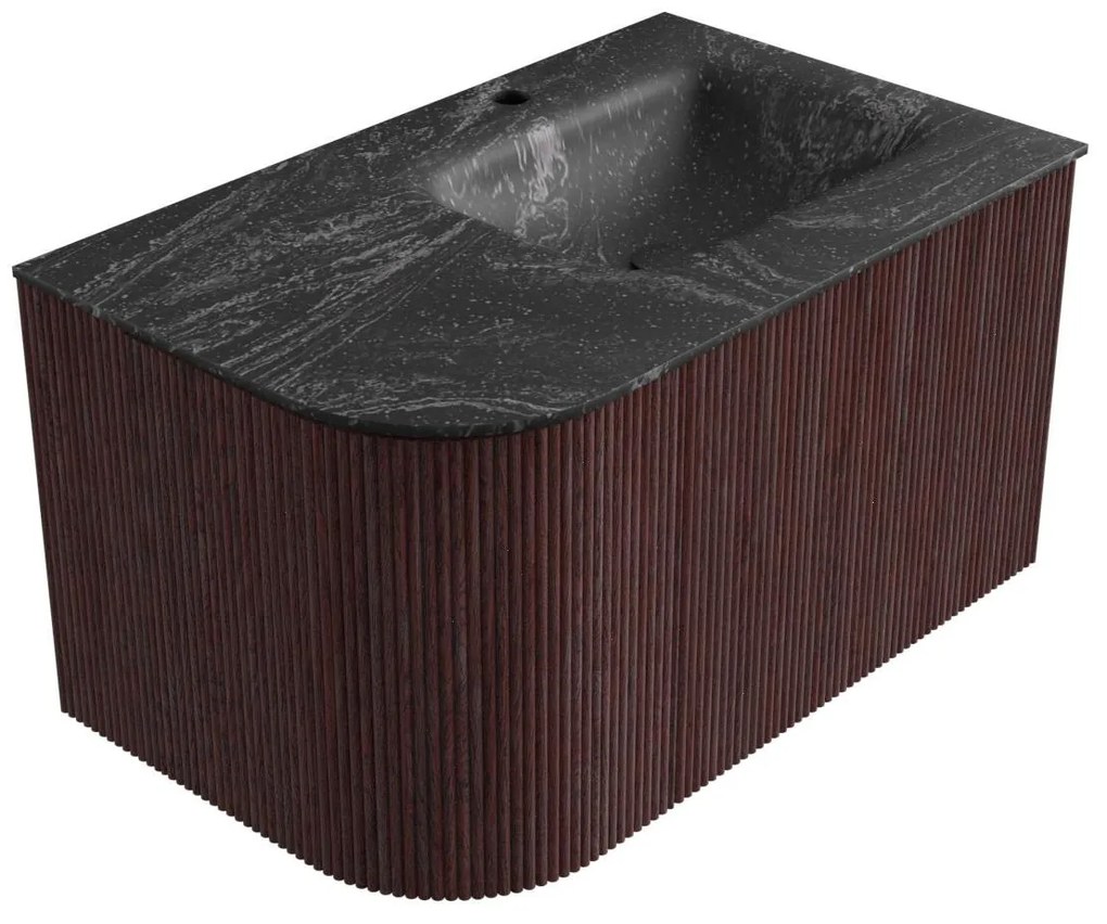 Mondiaz Kurve-dlux 75cm badmeubel ronding links ruby met 1 lade en deur en wastafel grunne kraangat rechts lava