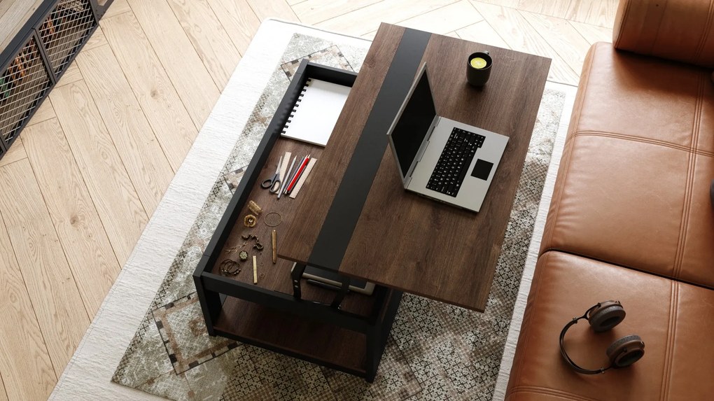 LUSSO Bruin Eiken/Zwart Mat - MODERNE SALONTAFEL MET VERHOOGD BLAD + OPBERGRUIMTE + SCHAP (OP WIELEN!)