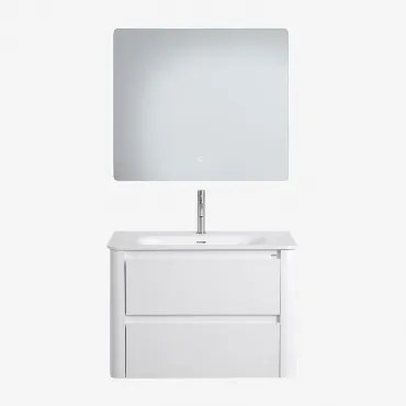 Badkamermeubelset In Hout Met Geïntegreerde Wastafel Egerton Wit & Rechthoekige Led En Anticondens 80x70 Cm Gualar & Geborsteld Grijs - Sklum