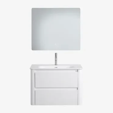 Badkamermeubelset In Hout Met Geïntegreerde Wastafel Egerton Wit & Rechthoekige Led En Anticondens 80x70 Cm Gualar & Geborsteld Grijs - Sklum