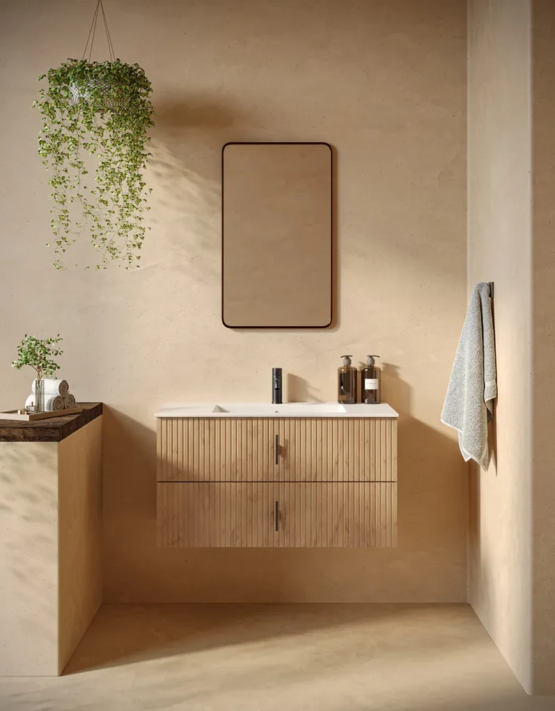 Muebles Marbella badmeubel ribbelfront 100cm warm eiken met witte wastafel met kraangat